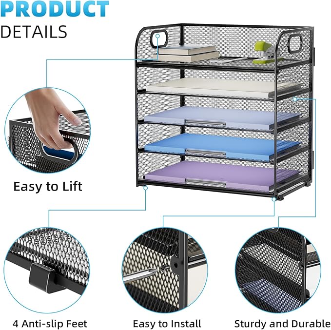 Marbrasse 5 Tier Paper Organizer Letter Tray, Mesh Desk File Organizer with Handle, Paper Sorter Desk Organizer for Home Office Supplies(Black)-DeskLoop Office