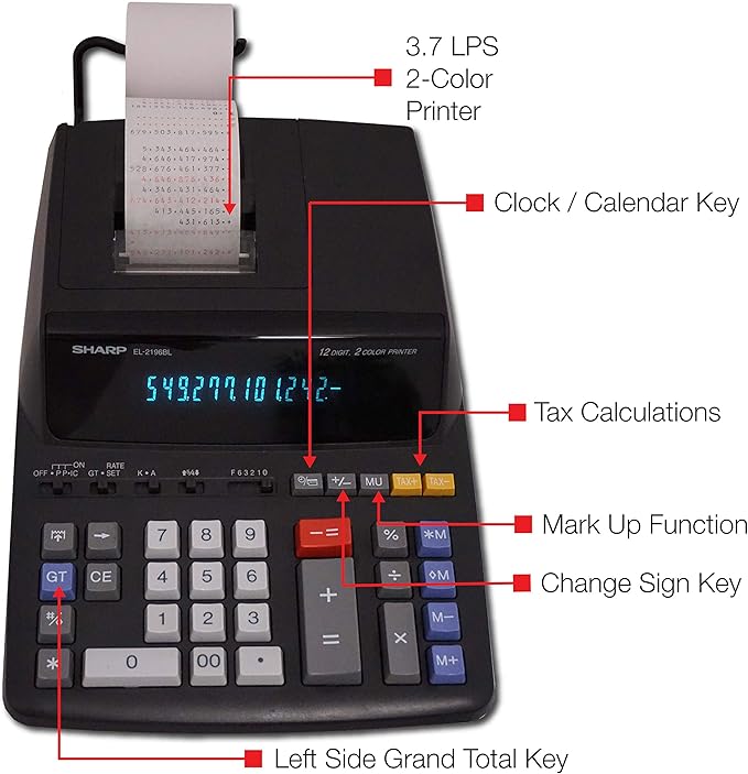 Sharp 12-Digit Print Calculator Desktop Size Adding Machine, Perfect for Everyday Use and Office, Bright, Large Easy-to-Read Numbers on Both The Display and The Two-ColorPrinted Tape (EL2196BL)-DeskLoop Office