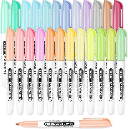 SFAIH 24 Pastel Permanent Markers - Assorted Dreamy Colors, Quick Drying, Fade Resistant, Fine Point Permanent Markers for Paper, Scrapbook, Coloring Book, Poster, School, Home, Art Painting, Drawing-DeskLoop Office