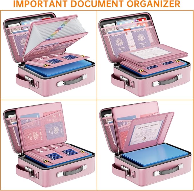 DocSafe Fireproof Document Box with Lock&Shoulder Strap,Hard Case File Organizer with Accordion File Folder,Multi-Layer Portable Home Office Travel Safe Storage for Important Documents Laptop Pink-DeskLoop Office