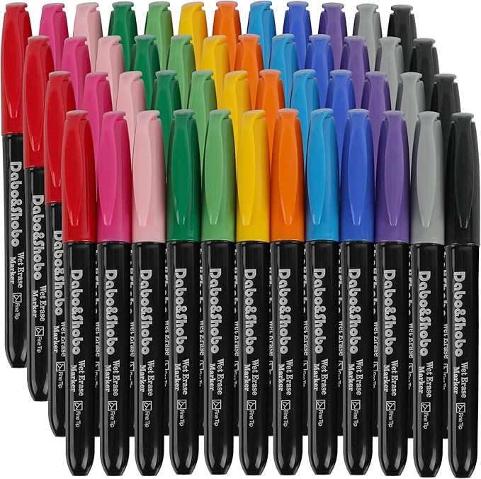Dabo&Shobo Wet Erase Markers, 48-Count Smudge-Free, 12 Colors Fine Tip, Erases with Water! Low Odor Markers for Office, School & Home-DeskLoop Office