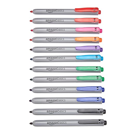 Amazon Basics Retractable Permanent Markers, Versatile Art Supplies for Home, School, and Office Use, 12 Count, Assorted Colors-DeskLoop Office