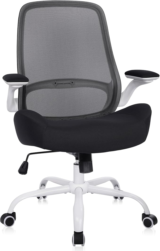 HYLONE Heavy Duty Office Chair, 5" Thickened Seat Ergonomic Desk Chair with Adjustable Armrests, Home Office Computer Chairs for Long Hours Mesh Executive Chair(White Base & Black)-DeskLoop Office