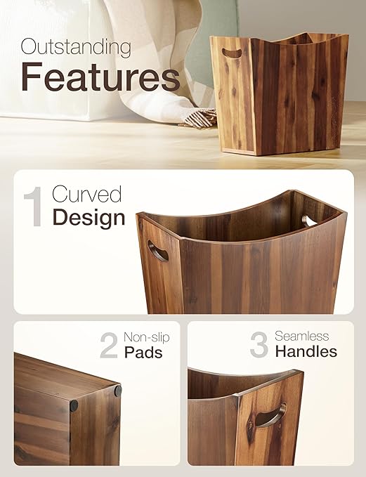 3 Gallons Rectangular Wastebaskets - Acacia Wood Waste Basket with Handles - Small Trash Can for Bathroom - Brown Garbage Bin for Spa Bathroom Decorative, Kitchen Counter, Living Room (Walnut)-DeskLoop Office