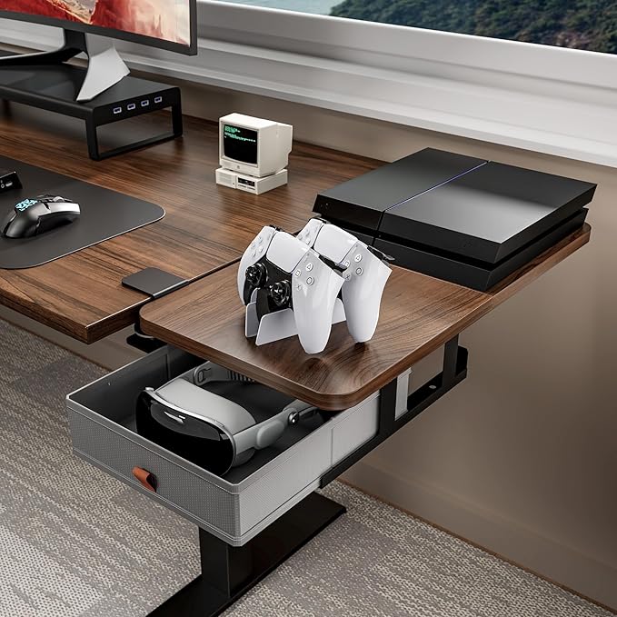 Desk Extender Tray, 24" x 12" Clamp On Desk Shelf, Desk Extension with Storage Drawer, Table Desk Arm Rest, Clamp On Keyboard Tray for Office and Home, Workstation Organizer, Medium, Walnut-DeskLoop Office