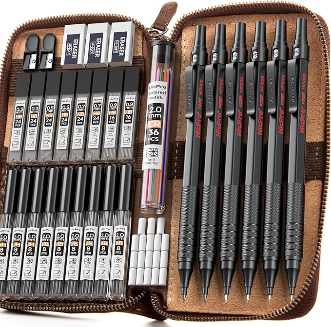 Nicpro 33PCS Black Metal Mechanical Pencil Set in Leather Case, Art Drafting Pencil 0.3, 0.5, 0.7, 0.9 mm, 2mm Lead Holders for Sketching Drawing with 18 Tube (6B 4B 2B HB 2H 4H Colors) Lead Refills-DeskLoop Office