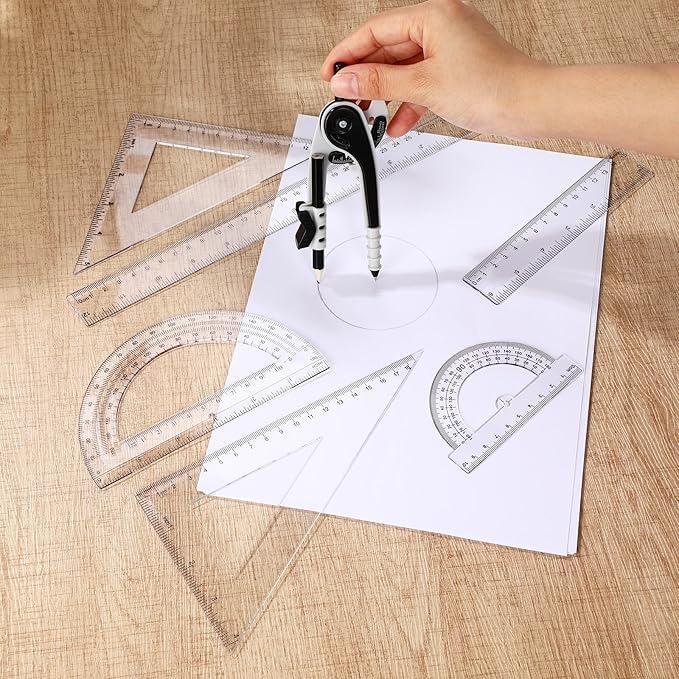Zonon 1 Set Plastic Geometry Math Set 7 Pcs Includes 6'' / 4 '' Protractor, Drawing Compass, 45/60 Degree Triangle Rulers, 12'' / 6'' Math Ruler Transparent for Office Supplies(Clear)-DeskLoop Office
