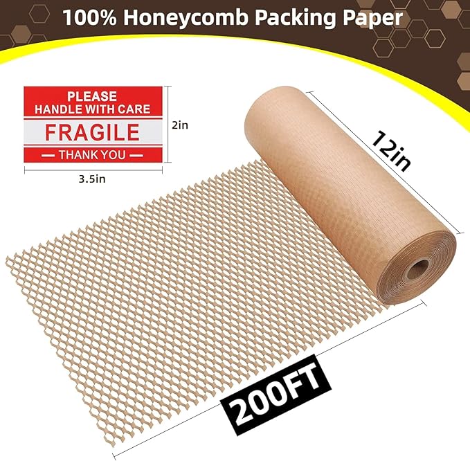Honeycomb Packing Paper Wrap 12"x200' Sustainable Alternative to Bubble Wrap for Moving Shipping/Gift, Biodegradable & Fully Recyclable Bubble Paper Wrapping with 20 Fragile Sticker…-DeskLoop Office