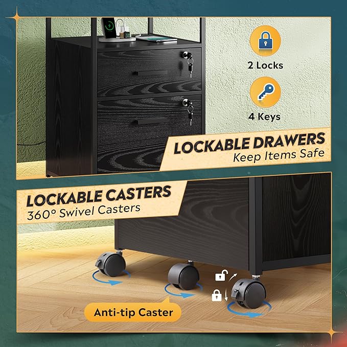 DEVAISE 2 Drawer File Cabinet with Lock and Charging Station, Wood Filing Cabinet fits A4 or Letter Size, Mobile Printer Stand with Open Storage Shelf for Home Office, Black-DeskLoop Office