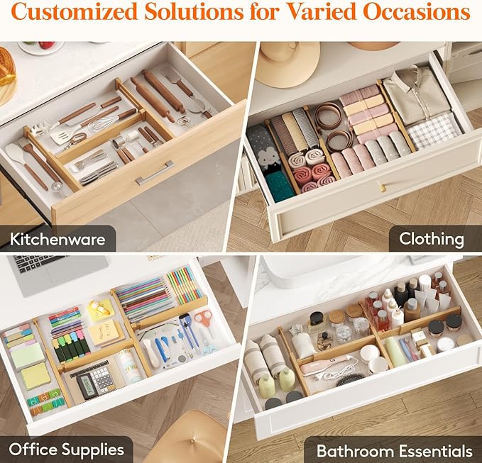 Lifewit 4 Pack Drawer Dividers Bamboo 2.4" High, 12-17" Adjustable Drawer Organizers for Clothes, Wooden Dresser Separators in Bedroom/Bathroom/Kitchen/Fridge/Office Organization and Storage-DeskLoop Office