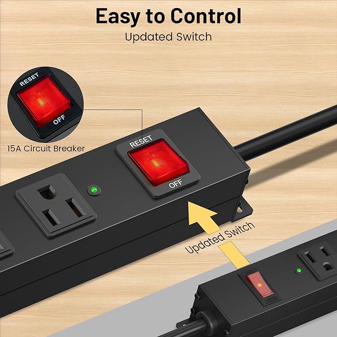 KF Matel 6 Outlet Power Strip Surge Protection 2100J, Heavy Duty Wide Space Power Strip with Flat Plug, 14AWG 6FT Extension Cord for Home, Garage, Shop-DeskLoop Office