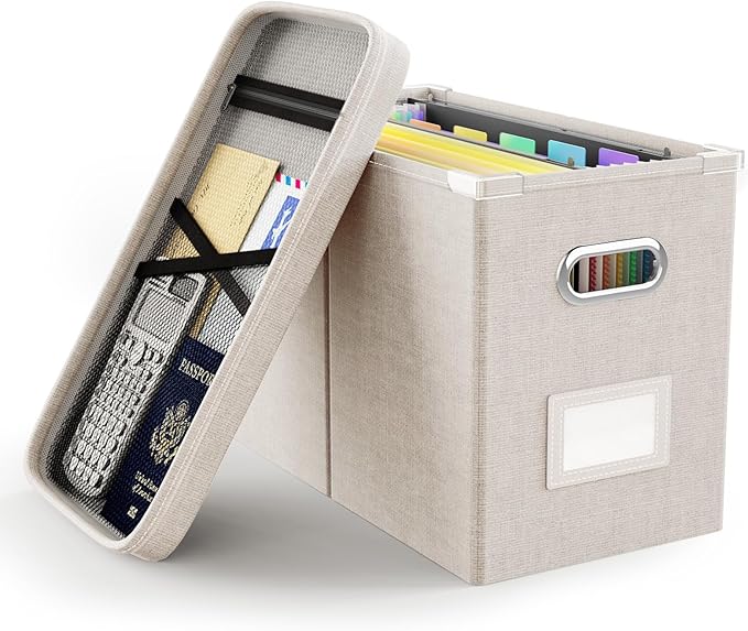 Oterri File Organizer Box with Lid, Hanging Filing File Box with Mesh Pocket, Document Organizer Box for Letter Files, Portable Storage Box with Smooth Sliding Rail for Office&Home (1 PCS, Beige)-DeskLoop Office