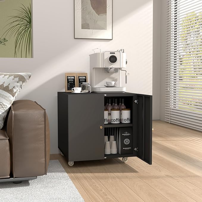 Printer Stand with Storage, 3D Heavy Duty Printer Table with Shelves, Large Printer Table for Home Office, Black Printer Stand on Wheels with Doors, Metal Fax Machine Stand for Workplace-DeskLoop Office