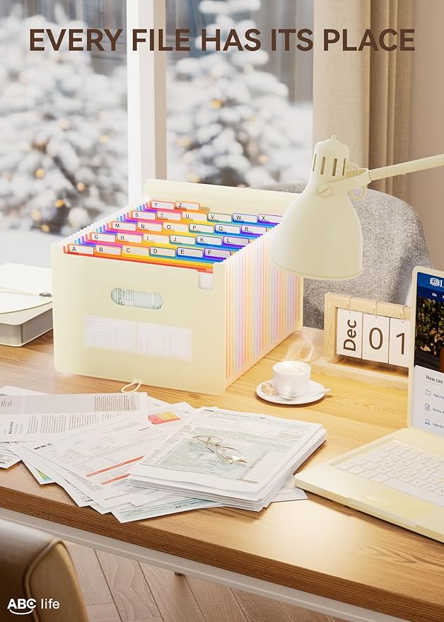 ABC life 26 Pockets Accordian File Organizer Expanding File Folders, Portable Letter A4 Size Filing Box,Plastic Monthly Receipt Document Organizer with Colored Tabs (Beige Color)-DeskLoop Office
