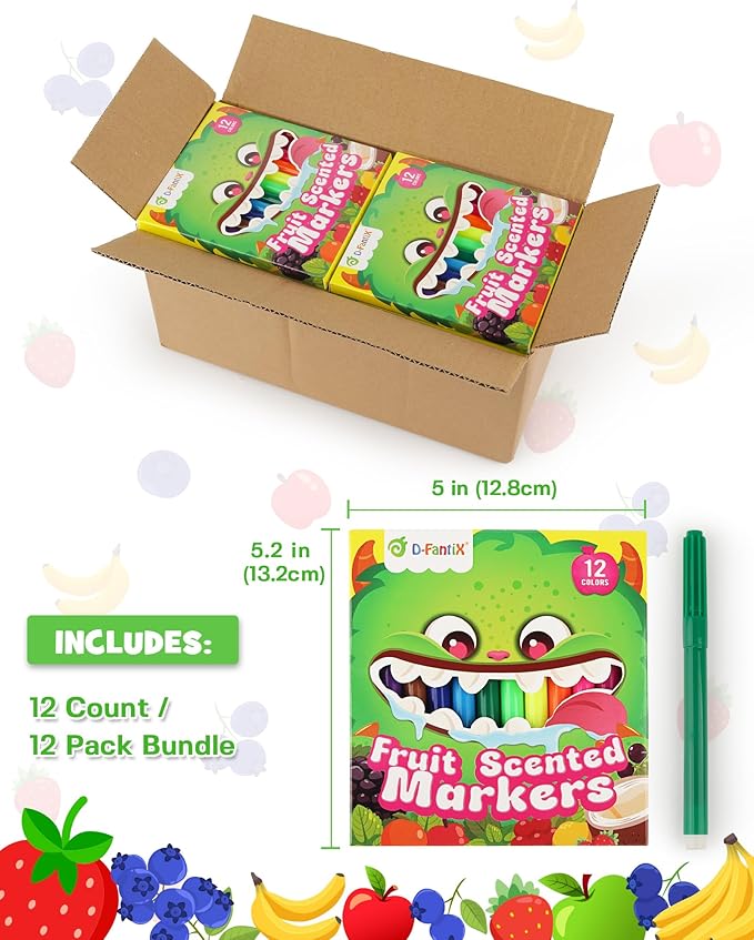D-FantiX 12 Packs Fruit Scented Washable Markers for Kids Toddlers, 144 Count Coloring Markers Set, Bulk Art Supplies, Back to School Supplies, Gifts for Party Favors, Classroom Prizes, Donations-DeskLoop Office
