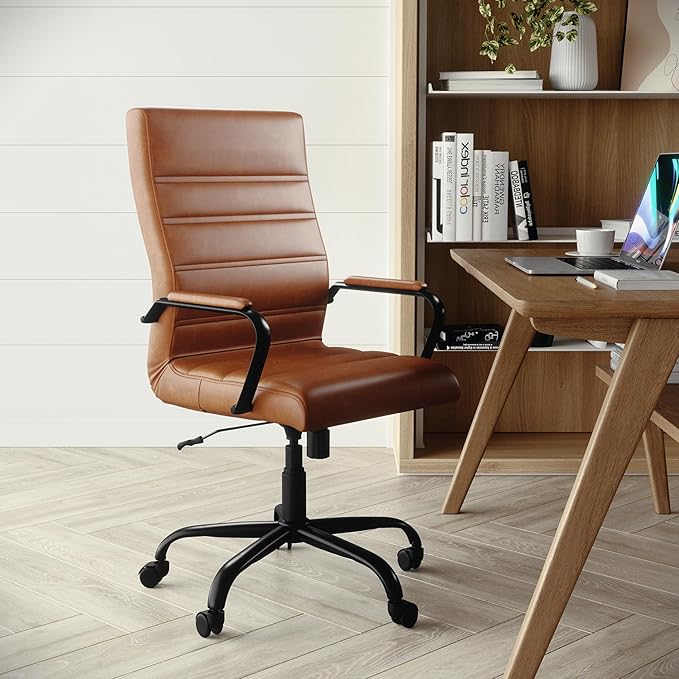 Flash Furniture Whitney High-Back Swivel LeatherSoft Desk Chair with Padded Seat and Armrests, Adjustable Height Padded LeatherSoft Office Chair, Brown/Black Gold-DeskLoop Office