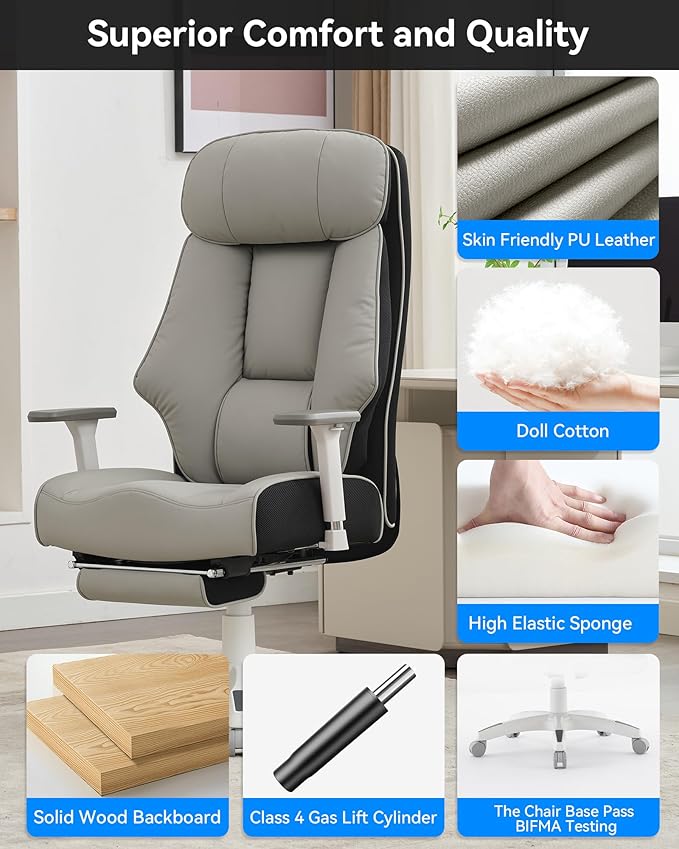 DJ·Wang Big and Tall Office Chair 400lbs with Foot Rest, High Back Executive Office Chair with Extra-Thick Spring Cushion, Ergonomic Leather Chairs Gray-DeskLoop Office