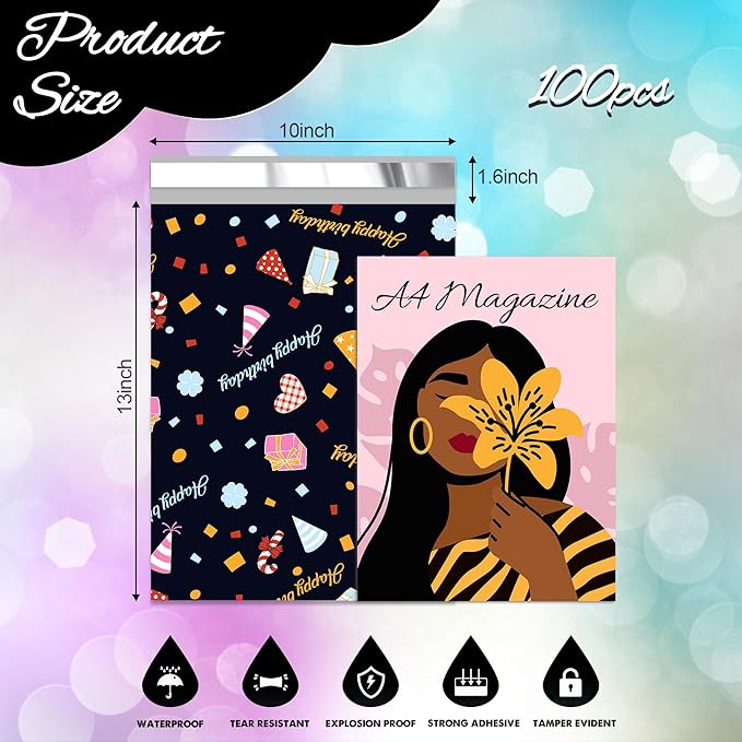 Happy Birthday Poly Mailer 10x13 Inch 100 Pcs, Waterproof Shipping Bags for Clothing, Tear-Resistant Mailier Bags, Strong Mailing Bags with Self-Seal-DeskLoop Office