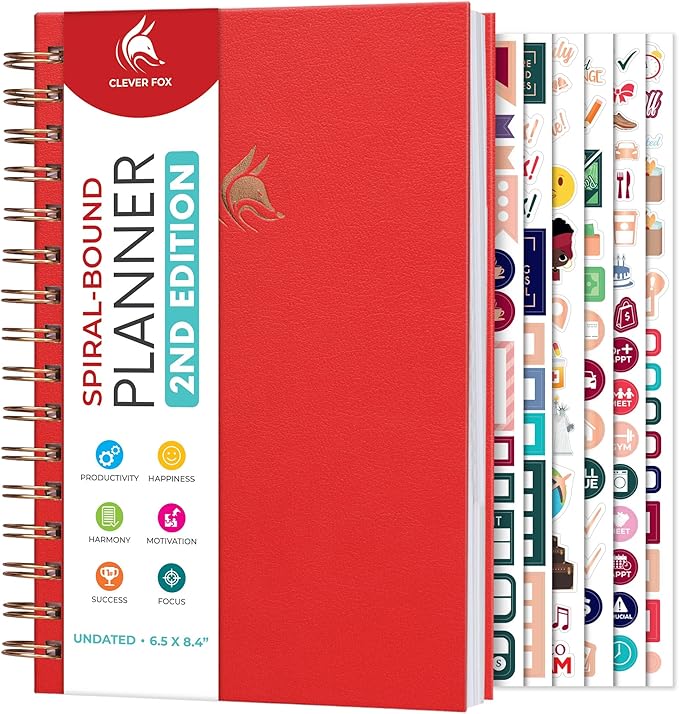 Clever Fox Planner 2nd Edition Spiral – Colorful Weekly & Monthly Goal Planner, Time Management & Productivity Organizer, Undated (Red)-DeskLoop Office
