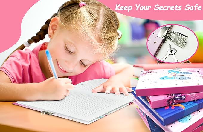 Girls Diary with Lock for Kids, 7x5.25 Inches 160 Lined Pages Secret Pink Butterfly Notebook for Girls Journal with Lock for Kids Pre School Writing Drawing Cute Girls Gifts for Birthday-DeskLoop Office