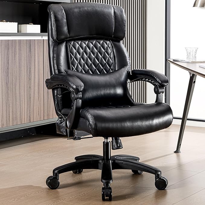 Lumbar Massage Office Chair, 500LBS Big and Tall Office Chair, Heavy Duty Ergonomic Executive Reclining Chair with High Back and Lumbar Support, Black-DeskLoop Office