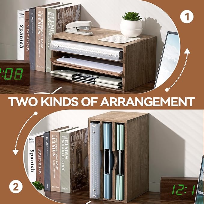 KIRIGEN Wooden Desktop Organizer Paper Storage Letter Tray File Sorter - Desk Rack Magazine File Dividers Holders for Home Office Accessories with 3 Layer Trays Dark Brown (3KWJG-DBR)-DeskLoop Office