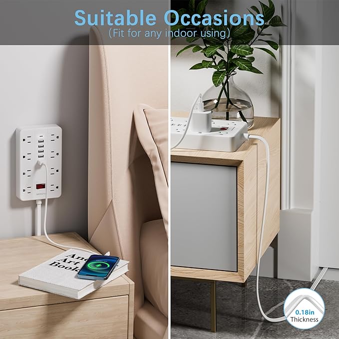 10 Ft Long Extension Cord,Power Strip Surge Protector HUNIAN Flat Plug with 8 Widely Spaced Outlets 6 USB(1 USB C Port), Wall Mount Charging Station for Home and Office,White-DeskLoop Office