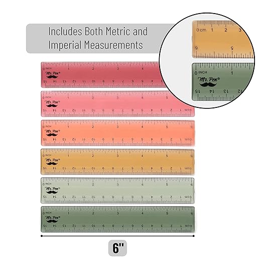Mr. Pen- Ruler, 6 Inch, 6 Pack, Vintage Colors, Rulers for School, Clear Plastic Ruler, Back to School Supplies-DeskLoop Office