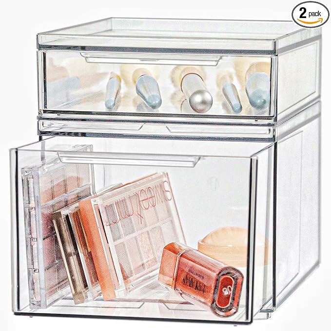 Set of 2 Stackable Storage Drawers - 6.7" Clear Plastic Drawer Storage, Acrylic Makeup Organizer, Desk Counter Cabinet Office Organizer, Bathroom Organizers and Storage (Modern/Set of 2)-DeskLoop Office