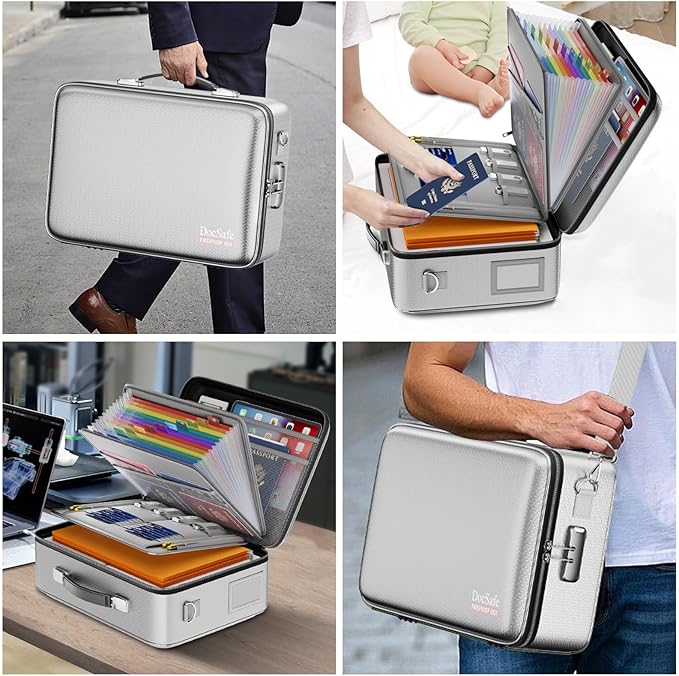 DocSafe Fireproof Document Box with Lock, Hard Case File Organizer with Accordion File Folder, Fireproof Water Resistant Safe Box Home Office Travel Storage for Important Documents Laptop Silver-DeskLoop Office