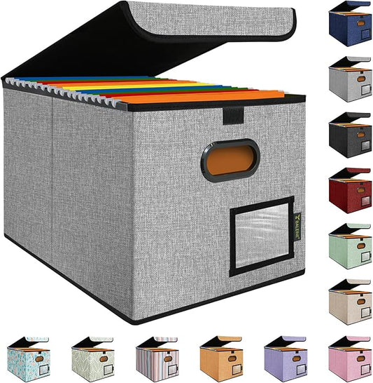 BALEINE File Organizer Box with Lid, Collapsible File Folder Organizer with Plastic Slide, Hanging File Folder Box for Office Document Storage (1 Pack, Grey)-DeskLoop Office