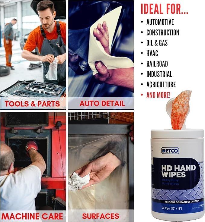 Hand and Tool Wipes, Heavy Duty Tool Cleaning Wipes, Hand Cleaning Wipes, Degreasing, Waterless Hand Cleaner, Dual Surface, Work Surface Wipes - 72 Count-DeskLoop Office