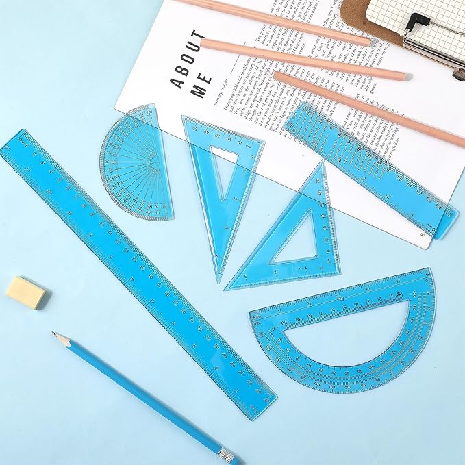 Tenare 1 Set Plastic Clear Math Set Includes Protractor Triangle Rulers 12 Inch 6 Inch Straight Geometry Math Transparent Ruler Measuring Tool for School Office Home Supplies(Blue)-DeskLoop Office