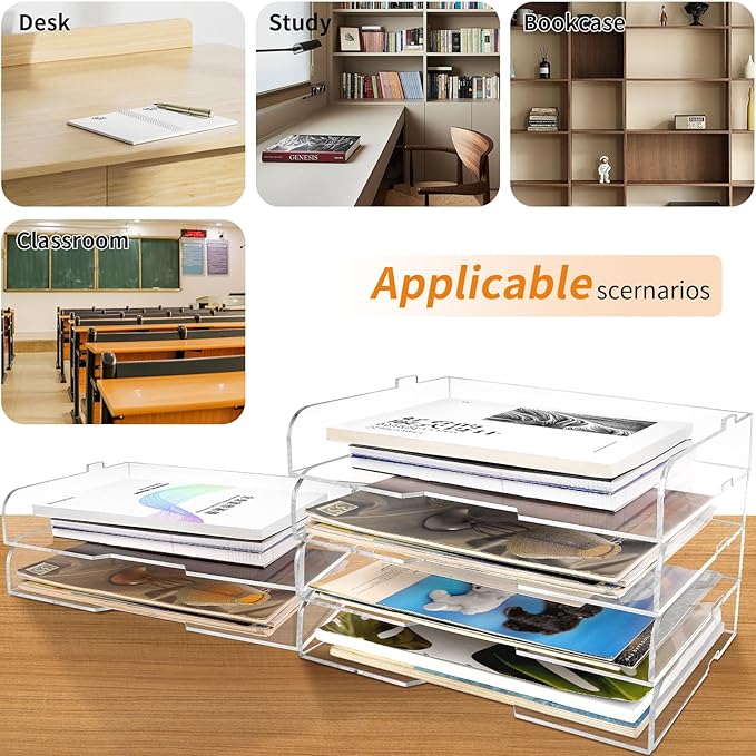 4 Pack- Stackable Paper Letter Tray,Clear Acrylic Magazine Holder and File Organizer - Sleek Desk Organizer for Home Office, Bookshelf, or Workspace - Space-Saving Transparent Document Holder-DeskLoop Office