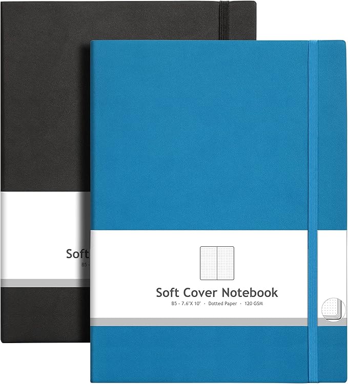 AHGXG Bullet Dotted Journal 2 Pack - B5 Large Journal Dot Grid Notebook (7.6'' X 10'') with Thick 120gsm Dot Paper, Soft Leather Cover, Total 384 Pages, Inner Pocket - BlackBlue-DeskLoop Office