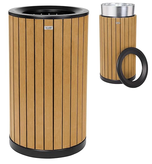 Alpine 32 Gallon Commercial Outdoor Trash Can - Heavy Duty Garbage Can Outdoor, Industrial Open Top Trash Can with Plastic Panels for Patio, Parks, Trails, Resorts (Flat Lid - Cedar)-DeskLoop Office