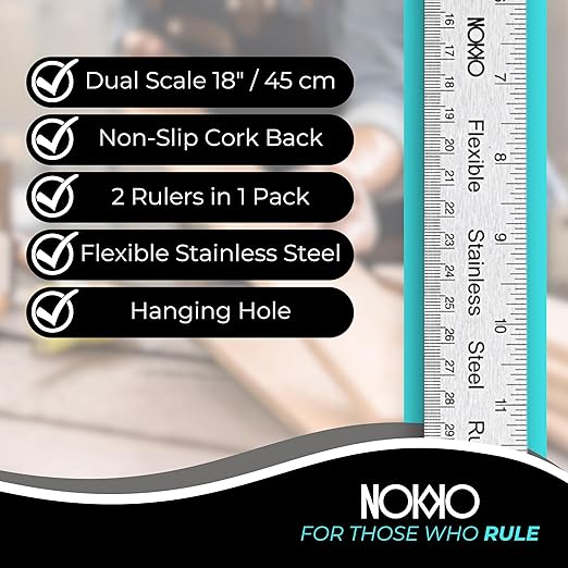 NOKKO 18 Inch Metal Ruler with Cork Backing, Pack of 2 - Stainless Steel Straight Edge Ruler with Inches and Centimeters, Non-Slip Cork Back for Precision Measurement and Stability-DeskLoop Office