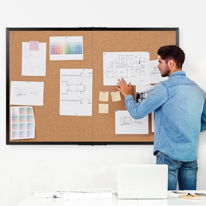 Board2by Cork Board Bulletin Board 36 x 48, Black Wood Framed 4x3 Corkboard, Foldable Office Board for Wall Decor, Large Wall Mounted Notice Pin Board with 36 Push Pins for School, Home & Office-DeskLoop Office