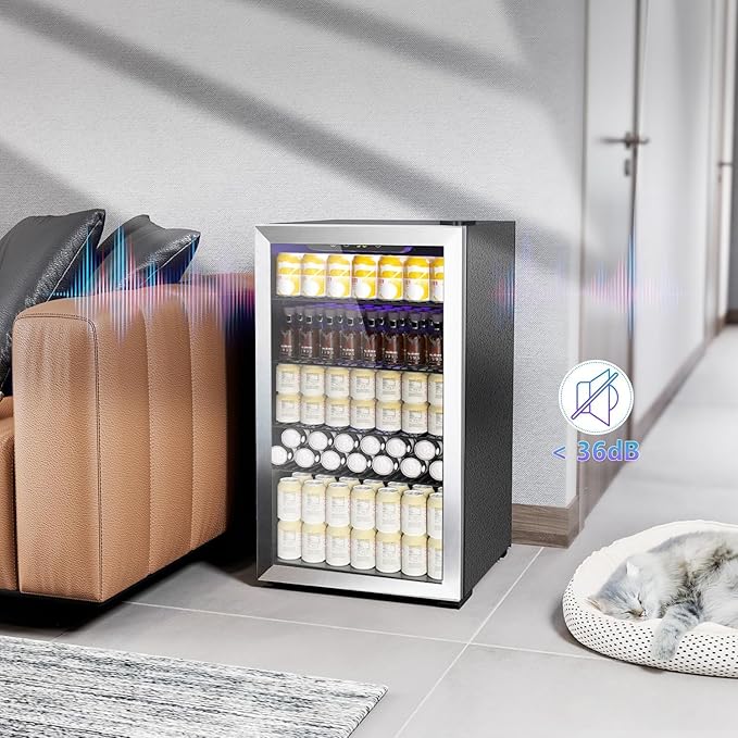 Kndko Beverage Refrigerator Cooler - 130 Can Mini Fridge with Adjustable Shelves, Glass Door, Digital Temperature Control, LED Lighting, Energy Efficient for Home, Office, Bar - 3.2 Cu.Ft, Silver-DeskLoop Office