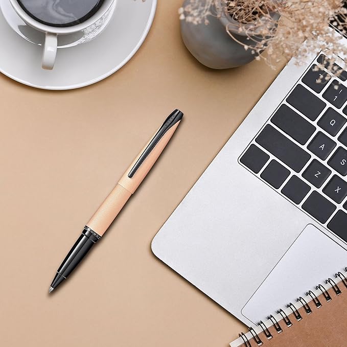 Cross ATX Refillable Rollerball Pen Presented in a Luxury Gift Box - Medium Point, Black Ink, Sandblasted Rose Gold-DeskLoop Office
