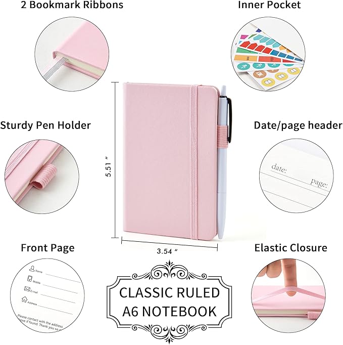 feela 15 Pack Pocket Small Notebooks Bulk, Mini Cute Memo Notepads Hardcover College Ruled Lined Journals with Pen Holder for Women Girls Office School, with 15 Black Pens, 3.5”x 5.5”, A6, Rose Pink-DeskLoop Office