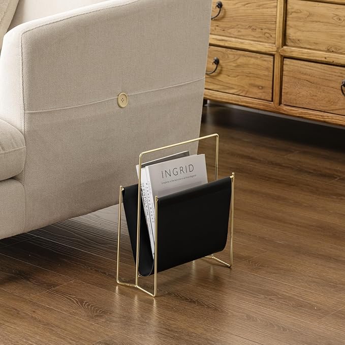 MyGift 13 Inch Modern Black Leatherette Magazine Holder Floor Standing Sling Style Rack with Gold Tone Metal Frame-DeskLoop Office