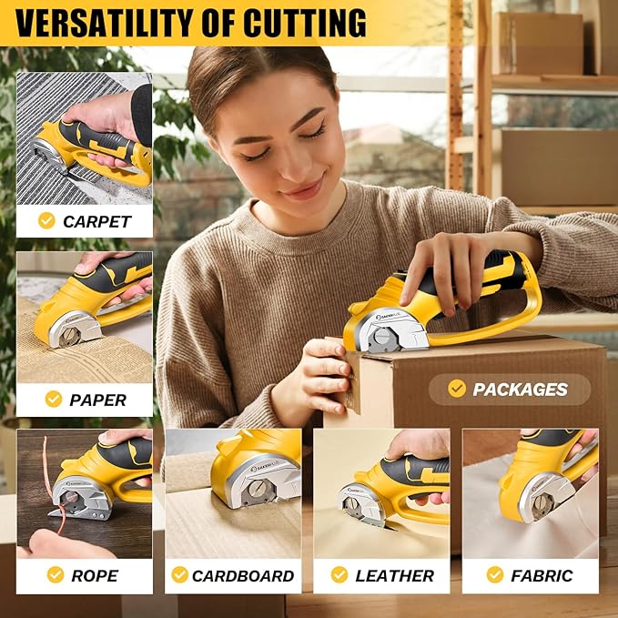 Cordless Electric Scissors, 4V Cardboard Cutter, Box Cutter - 2 Blades, 1 Storage Bag, Safety Lock & LED Light, Rechargeable Power Rotary Cutter for Box Carpet Fabric Plastic Leather-DeskLoop Office
