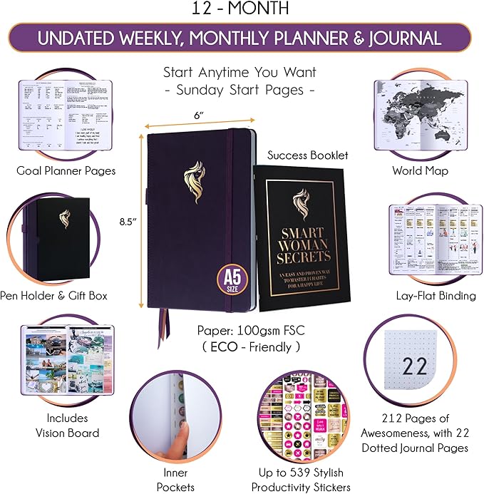 Hourly Planner - Undated Daily, Weekly & Monthly Planner with Budget Section | A 12 Month Journey to Increase Productivity & Happiness | Life Organizer & Gratitude Journal - Vertical Format-DeskLoop Office