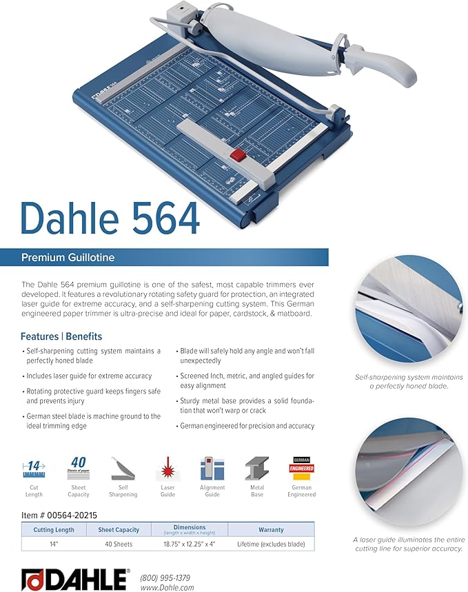 Dahle 564 Premium Guillotine Trimmer w/Laser, 14" Cut Length, 40 Sheet Capacity, Self-Sharpening, Manual Clamp, w/Safety Guard-DeskLoop Office