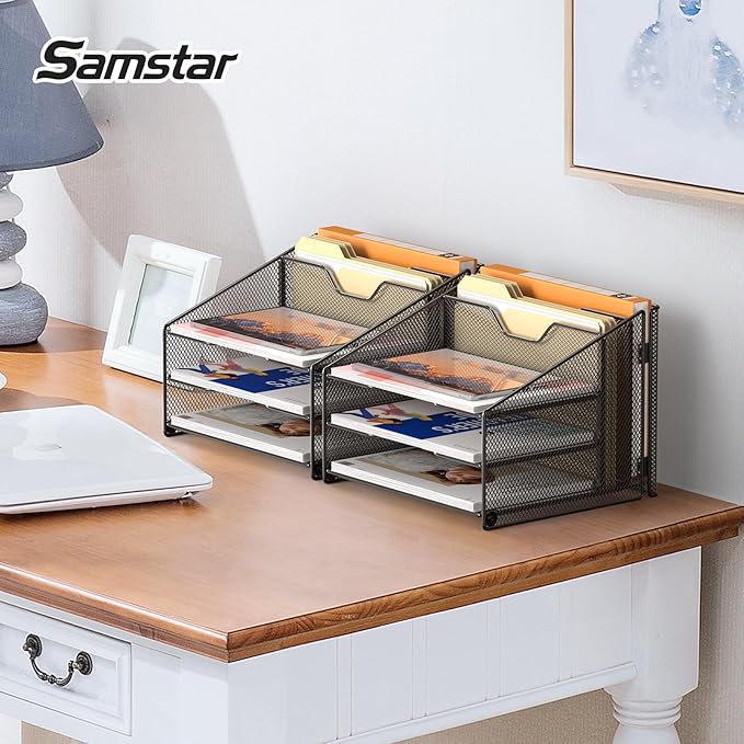 Samstar 2 Pack Mesh Desk File Organizer Letter Tray Holder, Desktop File Folder Holder with 3 Paper Trays and 2 Vertical Upright Section, Black-DeskLoop Office