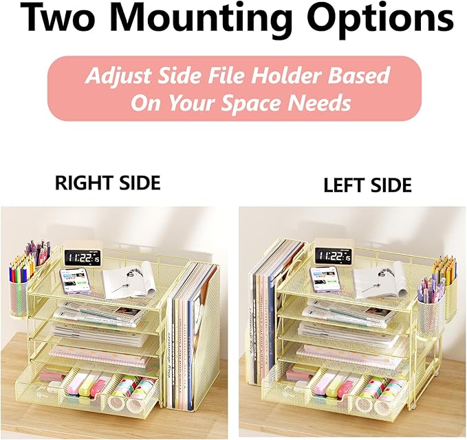 Desk Organizers and Accessories, 5-Tier Paper File Organizer with Drawer & Pen Holder, Office Desk Accessories Workspace Desktop Organizer for Office Supplies(Gold)-DeskLoop Office