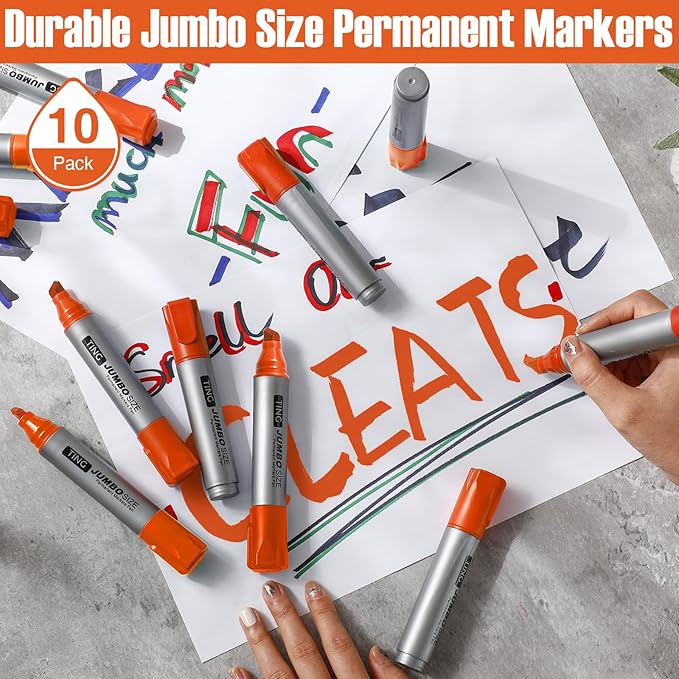 Fuutreo 10 Pack Jumbo Permanent Markers Bulk Large Chisel Tip Permanent Markers Quick Drying Waterproof Big Huge Poster Pens for Office, Logistics Company and More(Orange)-DeskLoop Office