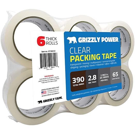 Grizzly Power Clear Packing Tape Refill Rolls for Shipping, Moving Packaging - True 2 Inch x 65 Yards, 2.8mil Thick, 6 Rolls-DeskLoop Office