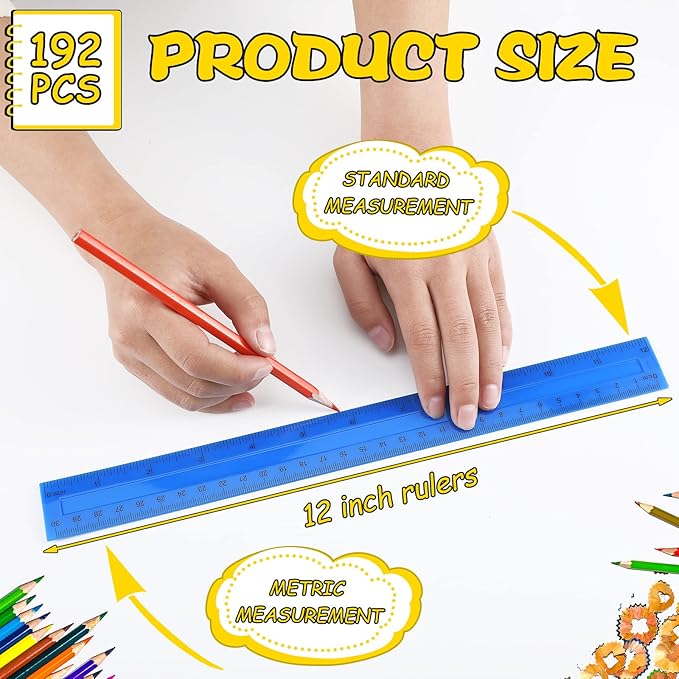 Teling 192 Pack Rulers Bulk for Classroom Transparent Colorful Metric Rulers with Inches and Centimeters 8 Colors for Kids Back to School Supplies(12 Inch)-DeskLoop Office